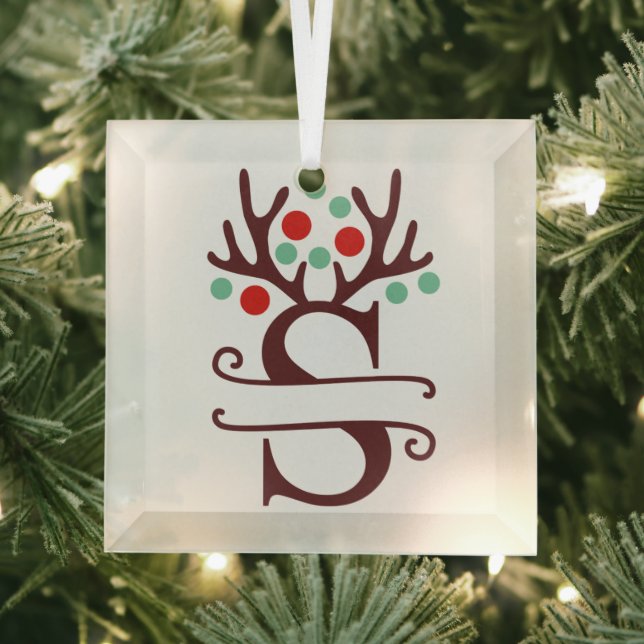 Personalized Reindeer Antlers Name "S"   Glass Ornament (Insitu)