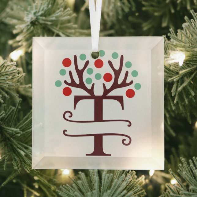 Personalized Reindeer Antlers Name "T" Glass Ornament (Insitu)