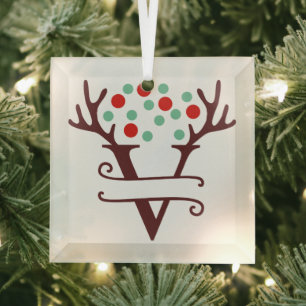 Personalized Reindeer Antlers Name "V" Glass Ornament