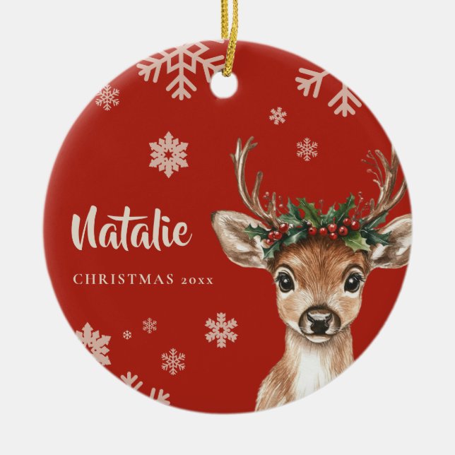 Personalized Reindeer Christmas Ornament Snowflake (Front)