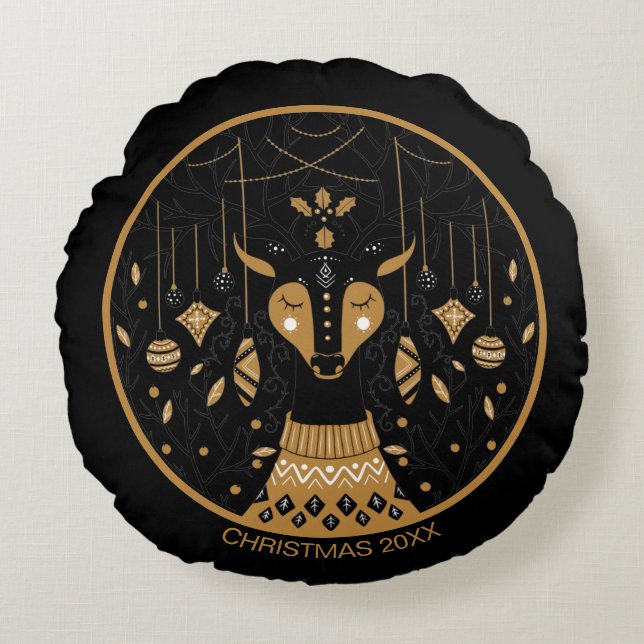 Personalized Reindeer Christmas Photo Round Pillow (Front)