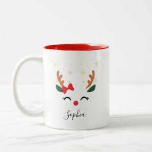 Personalized Reindeer Face Christmas Mug with Bow