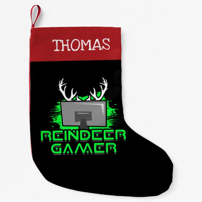 Personalized Reindeer Gamer Funny Small Christmas Stocking (Front)