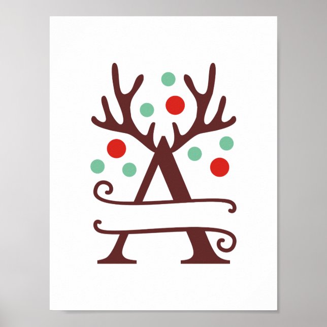 Personalized Reindeer Letter A Split Monogram Poster (Front)
