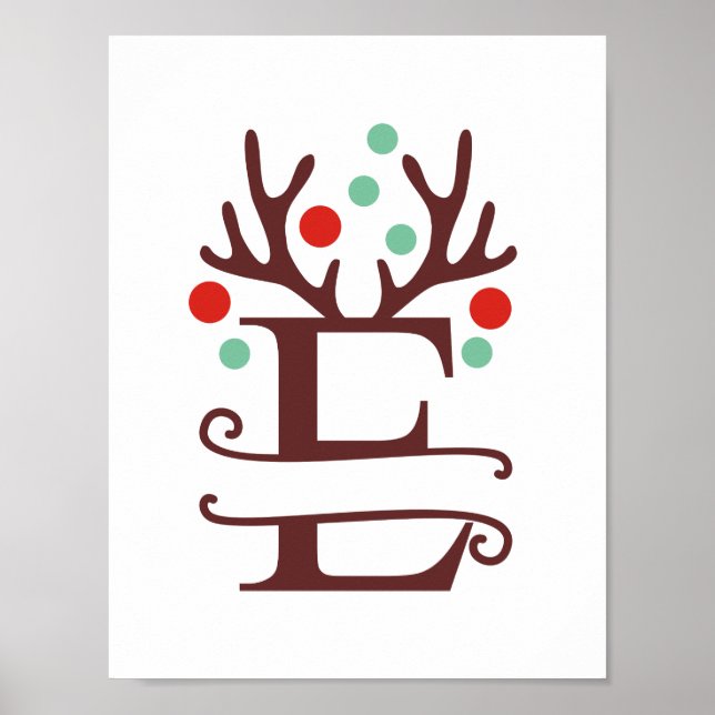 Personalized Reindeer Letter E Split Monogram  Poster (Front)