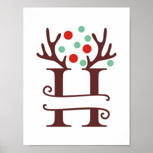 Personalized Reindeer Letter H Split Monogram Poster