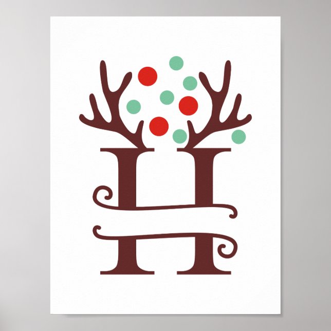 Personalized Reindeer Letter H Split Monogram Poster (Front)