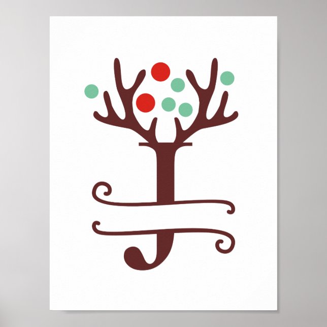 Personalized Reindeer Letter J Split Monogram Poster (Front)
