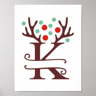 Personalized Reindeer Letter K Split Monogram Poster