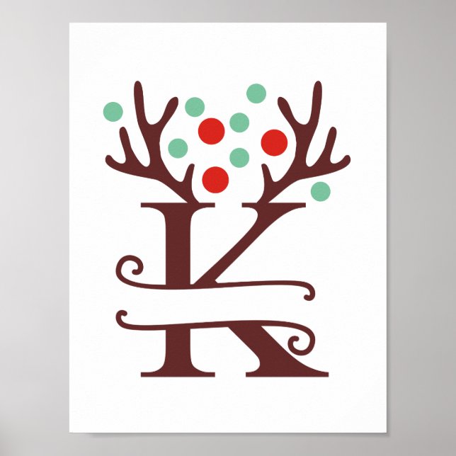 Personalized Reindeer Letter K Split Monogram  Poster (Front)
