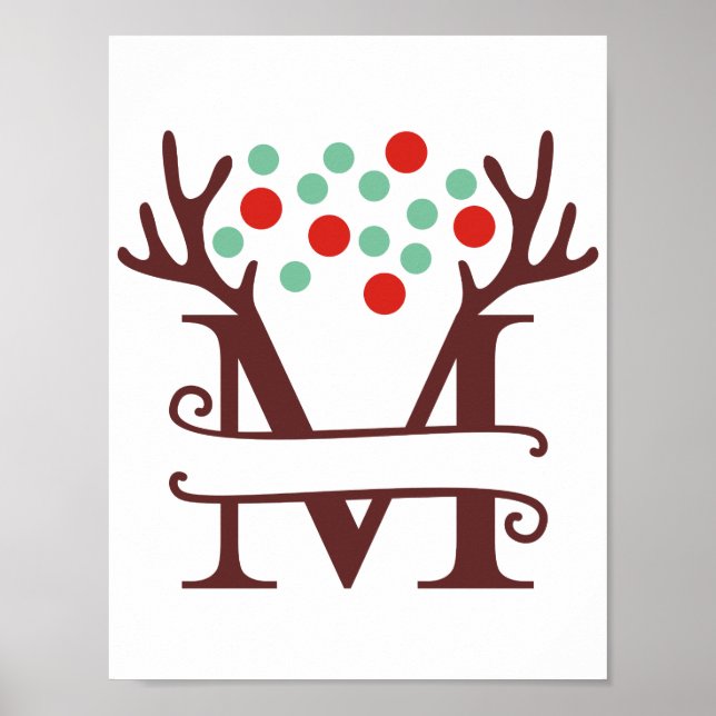Personalized Reindeer Letter M Split Monogram Poster (Front)