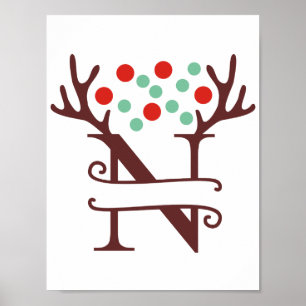 Personalized Reindeer Letter N Split Monogram Poster