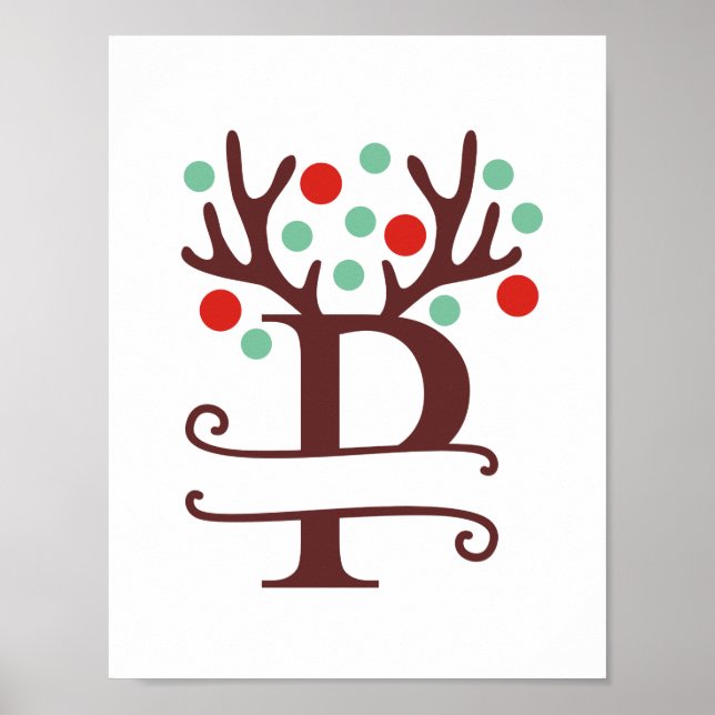 Personalized Reindeer Letter P Split Monogram Poster (Front)