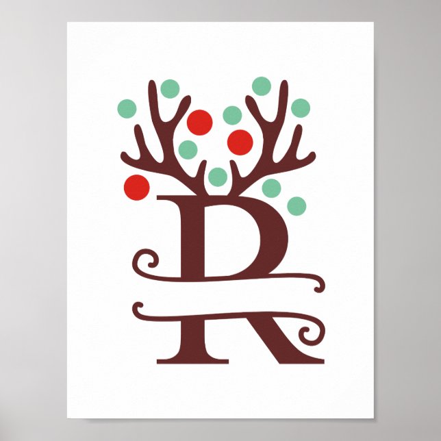 Personalized Reindeer Letter R Split Monogram Poster (Front)