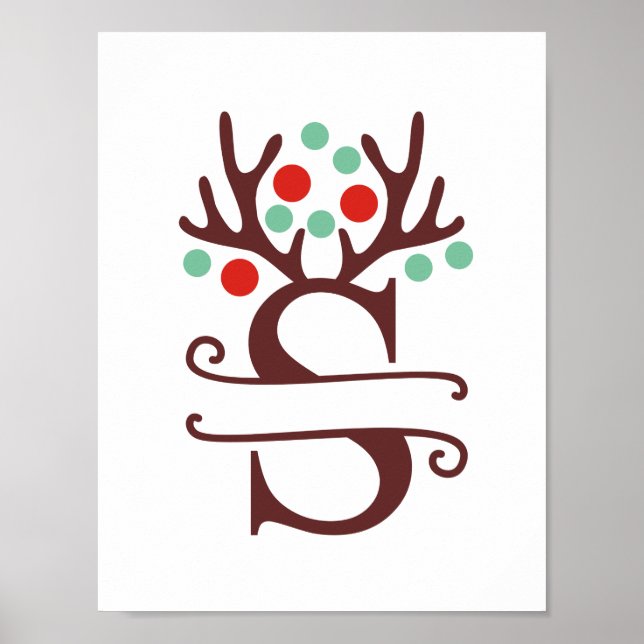 Personalized Reindeer Letter S Split Monogram Poster (Front)