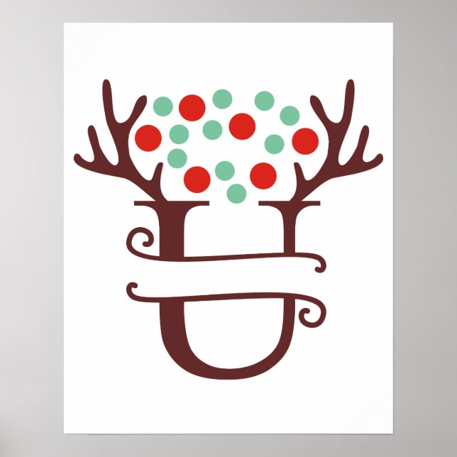 Personalized Reindeer Letter U Split Monogram Poster (Front)