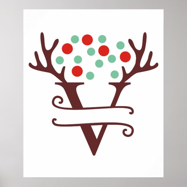 Personalized Reindeer Letter V Split Monogram Poster (Front)