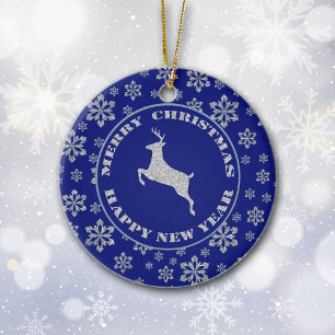 Personalized Reindeer on Blue Ceramic Ornament