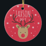 Personalized Reindeer Porcelain Christmas Ornament<br><div class="desc">Make it a special year and personalize this cute reindeer and snowflake ornament with their name,  the year and a photo on the back side to make it a truly unique gift. You can even hang an ornament for each member of the family!</div>