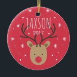 Personalized Reindeer Porcelain Christmas Ornament<br><div class="desc">Make it a special year and personalize this cute reindeer and snowflake ornament with their name,  the year and a photo on the back side to make it a truly unique gift. You can even hang an ornament for each member of the family!</div>