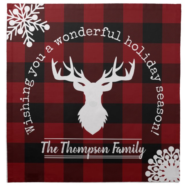 Personalized Reindeer Red and Black Buffalo Plaid Cloth Napkin (Front)