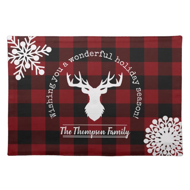 Personalized Reindeer Red and Black Buffalo Plaid Cloth Placemat (Front)
