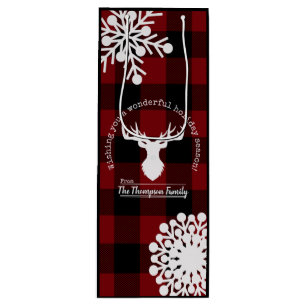 Personalized Reindeer Red and Black Buffalo Plaid Wine Gift Bag