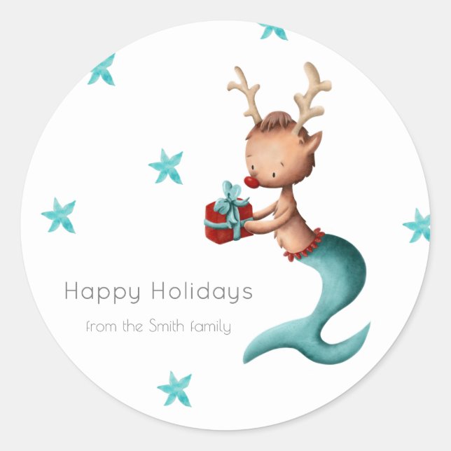 Personalized Reindeer with Present Holiday Classic Round Sticker (Front)