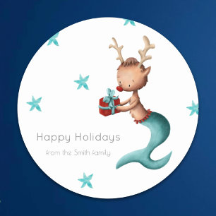Personalized Reindeer with Present Holiday Classic Round Sticker