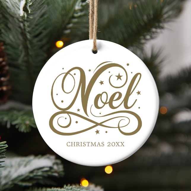 Personalized Religious Gold Script Noel Name Year Ceramic Ornament (Creator Uploaded)