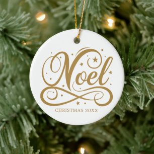 Personalized Religious Gold Script Noel Name Year Ceramic Ornament