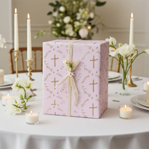 Personalized Religious Golden Cross on Misty Rose Wrapping Paper