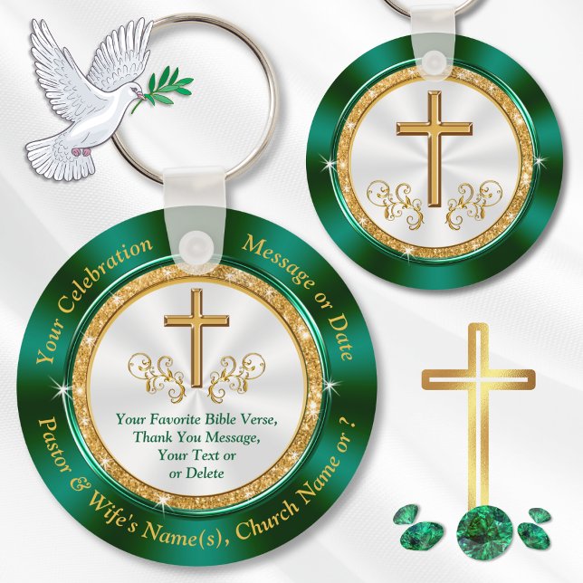 Personalized, Religious Party Favors for Adults Keychain (Personalized Christian Party Favors, 20th church anniversary. 20th Pastoral anniversary. Green Gold.)