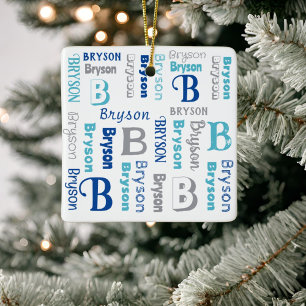 Personalized Repeating Name Navy Blue Gray Ceramic Ornament