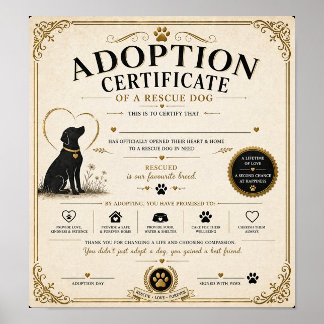 Personalized Rescue Dog Adoption Certificate Poster (Front)