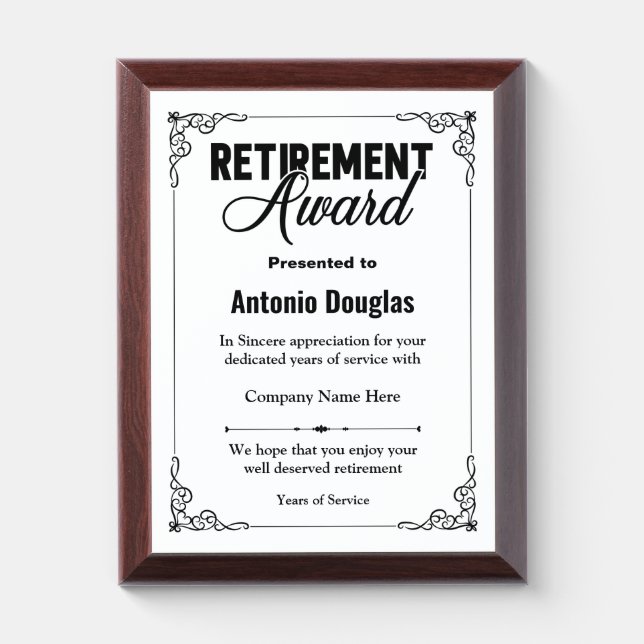 Personalized Retirement Award For Retiree Plaque (Vertical)