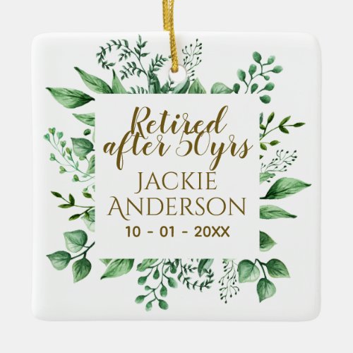 Personalized Retirement Gift Botanical Green Leaf Ceramic Ornament