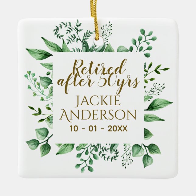 Personalized Retirement Gift Botanical Green Leaf Ceramic Ornament (Front)