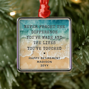 Personalized Retirement Modern Blue Ocean Beach Metal Ornament