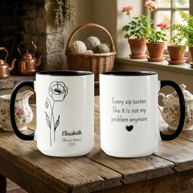 Personalized Retirement Poppy Large Mug (Poppy Line drawing retirement mug. Kitchen background.)
