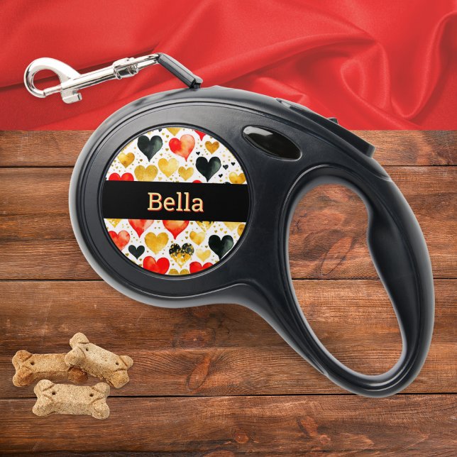 Personalized Retractable Dog Lead with Love Hearts Pet Leash (A personalized dog leash, with red, gold and black love hearts and your pet's name across the center)