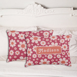 Personalized Retro 70s Floral Orange Pink Accent Pillow
