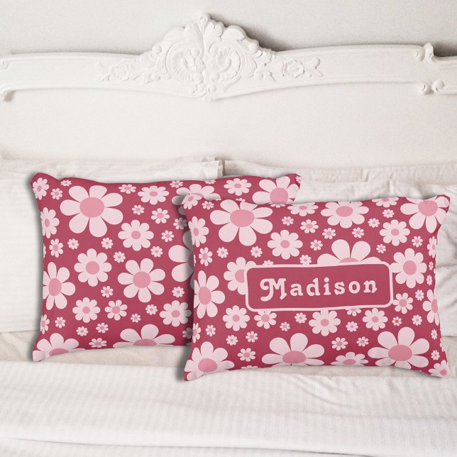 Personalized Retro 70s Floral Pink Accent Pillow (Retro 70s vintage pink daisy pattern and groovy typography personalized pillow)