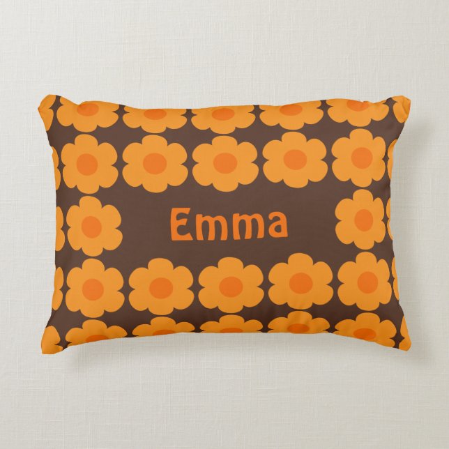Personalized Retro 70s Flowers Brown and Orange Accent Pillow (Front)