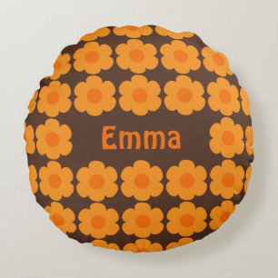 Personalized Retro 70s Flowers Brown and Orange Round Pillow