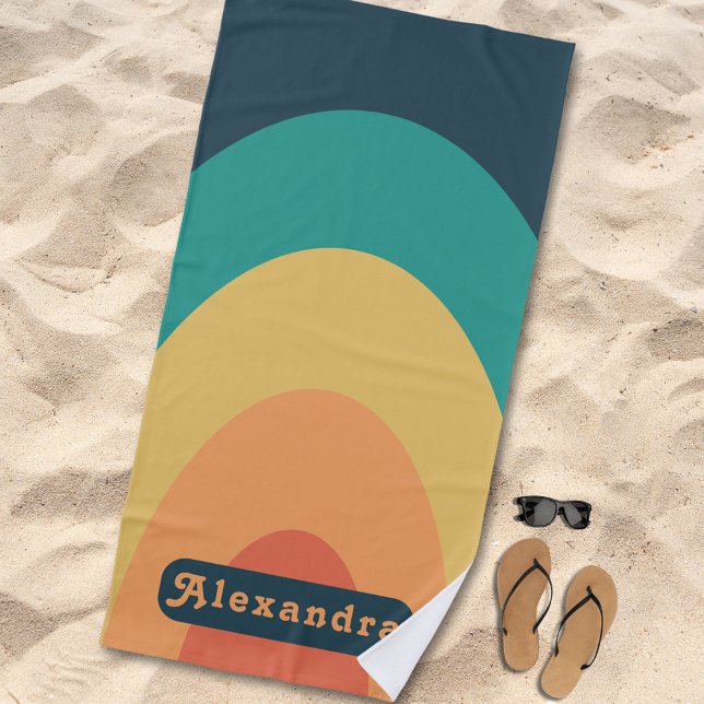 Personalized Retro Arch Groovy Orange Blue Beach Towel (Retro arch groovy typography custom name beach towel blue teal green yellow orange funky 70s vintage)