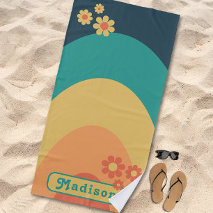 Personalized Retro Arch Groovy Vintage Orange Blue Beach Towel