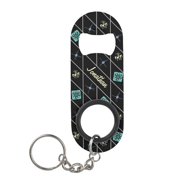 Personalized Retro Atomic Mid century Sputnik Keychain Bottle Opener (Front)