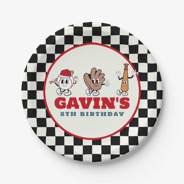 Personalized Retro Baseball Birthday Party Paper Plates (Front)