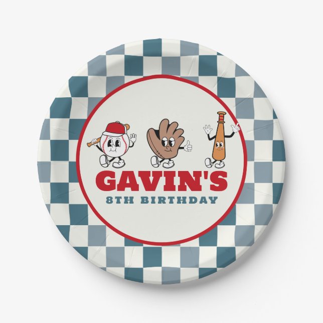 Personalized Retro Baseball Birthday Party Paper Plates (Front)